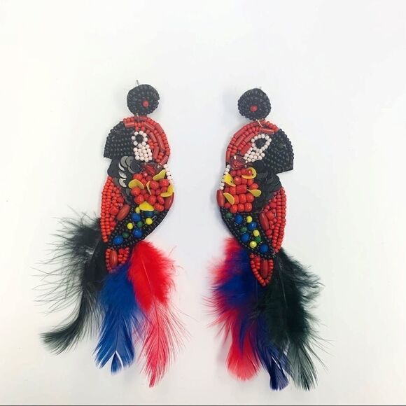 Bohemian Parrot Beaded Feather Drop Earrings - Picture 2 of 8